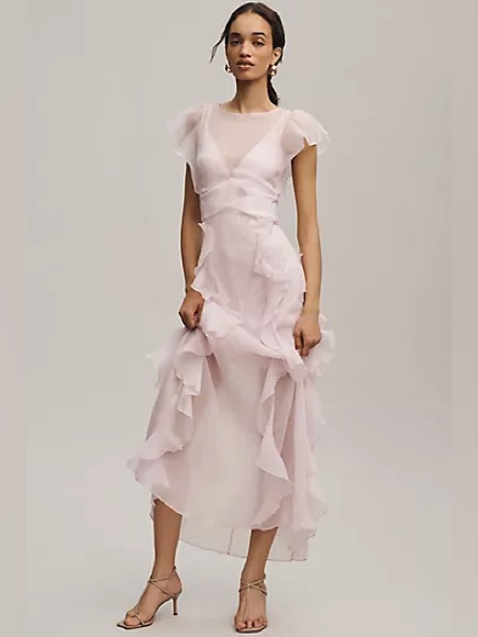Anthropologie Pale Pink Ruffled Maxi Dress
